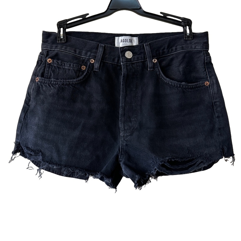 AGOLDE Parker Exposed Pockets Vintage Style Mini Shorts in Black Denim, Size 27
